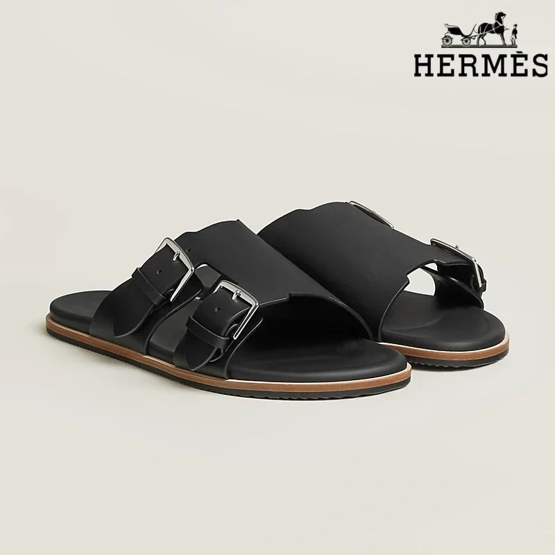 Herm¨¨s Black Smooth Leather Slide Sandals with Double Silver Buckles