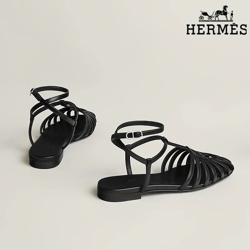 Herm¨¨s Black Leather Ankle Strap Cage Sandals