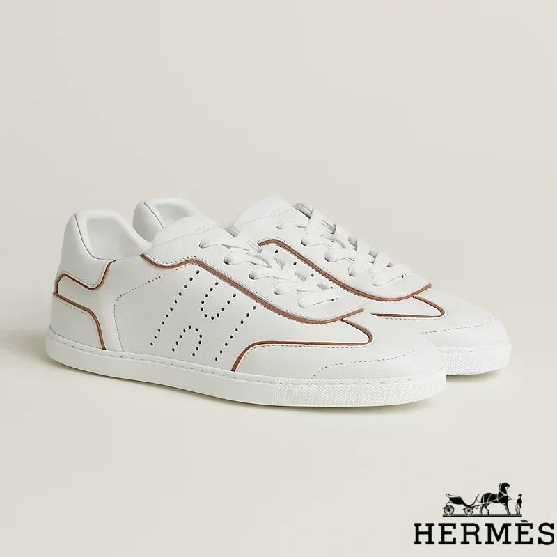 Herm¨¨s womens shoes men sneaker White Leather Perforated H Sneakers