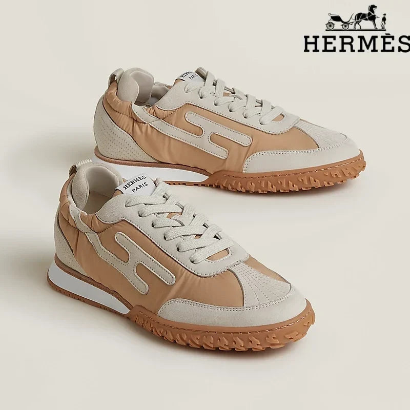 Herm¨¨s Tan and Beige Nylon and Suede Sneakers with H-Logo
