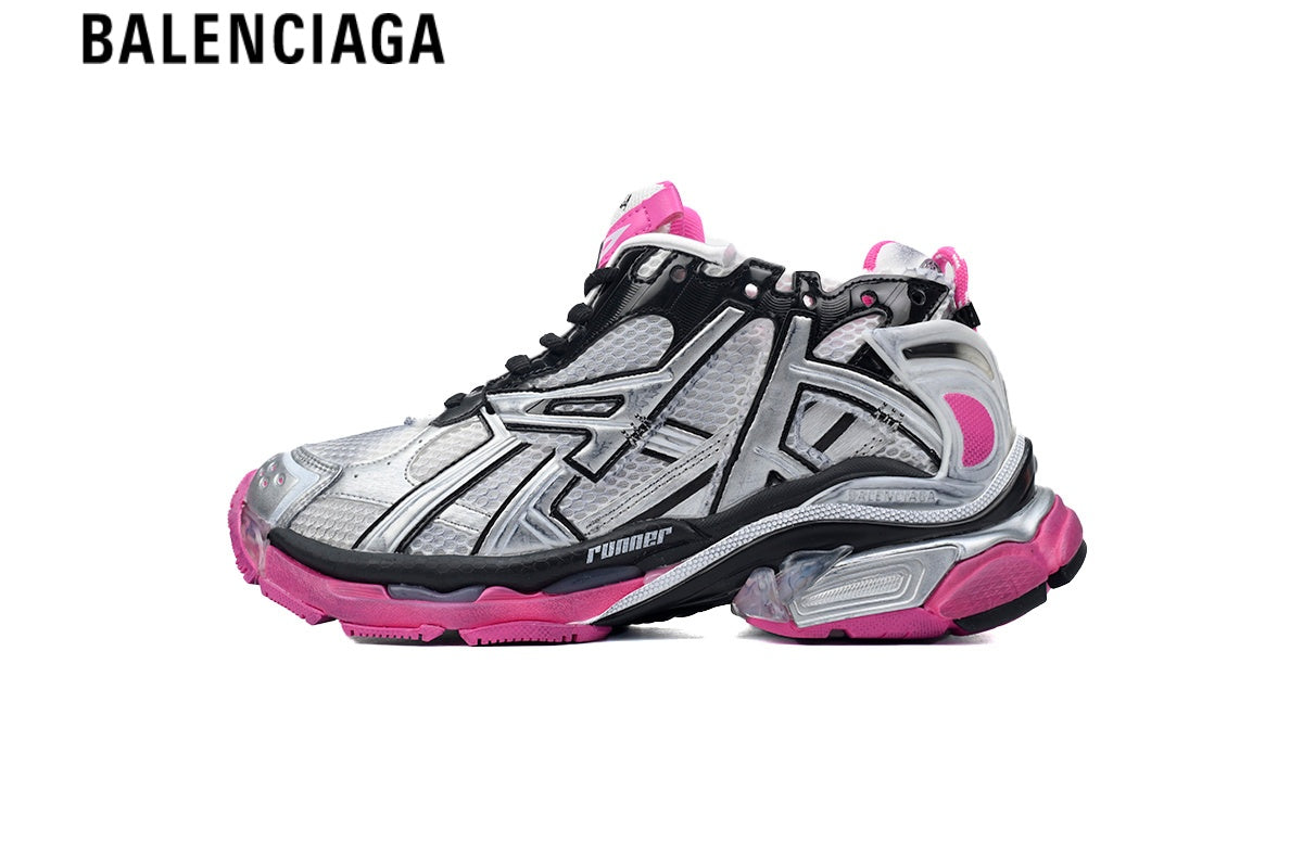 Balenciaga Runner men's shoes  women sneakers¡ª Silver Mesh, Black & Pink Synthetic Overlays