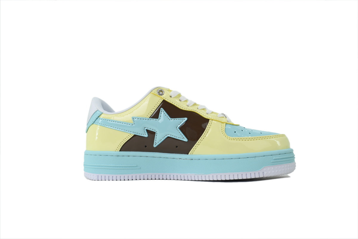 A BATHING APE BAPE STA Glossy Pastel Yellow, Aqua & Brown Sneakers | Women's & Men's Skate-Inspired Shoes