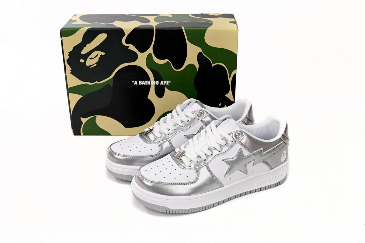 A BATHING APE BAPE STA Metallic Silver & White Sneakers | Women's & Men's Skate-Inspired Shoes
