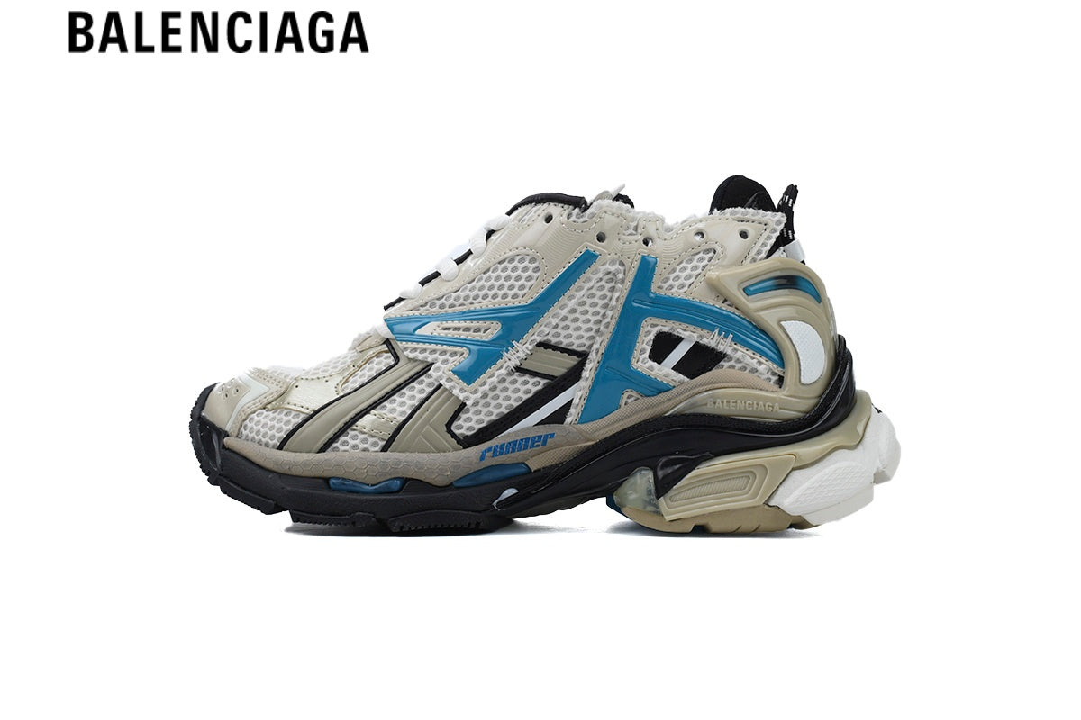 Balenciaga Runner men's shoes  women sneakers ¡ª Beige Mesh & Blue Synthetic Overlays