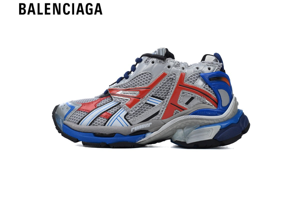 Balenciaga Runner men's shoes  women sneakers ¡ª Silver Mesh, Red & Blue Synthetic Overlays