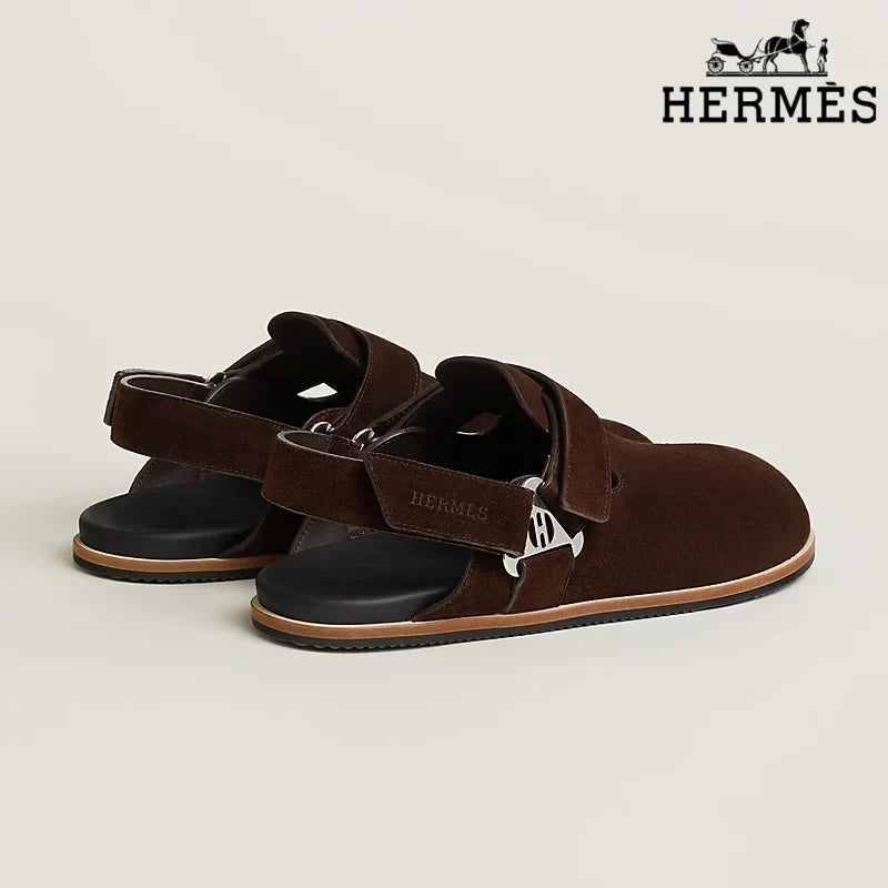 Herm¨¨s Dark Brown Suede Slingback Mules with Silver H Turnlock