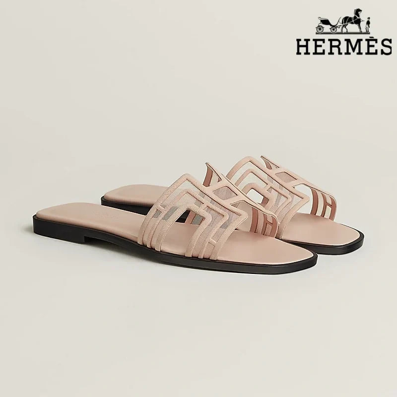 Herm¨¨s Nude Mesh Slide Sandals with H Cutout