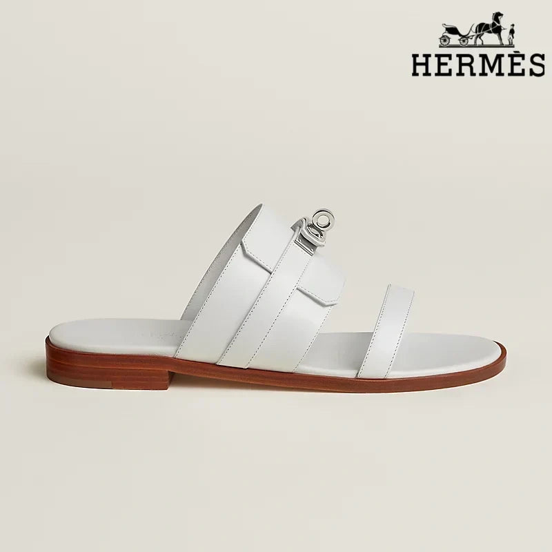 Herm¨¨s White female shoes Smooth Leather Slide Sandals with Silver Kelly Buckle