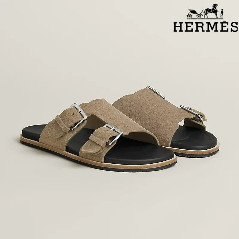 Herm¨¨s Khaki Suede Double Buckle Slide Sandals