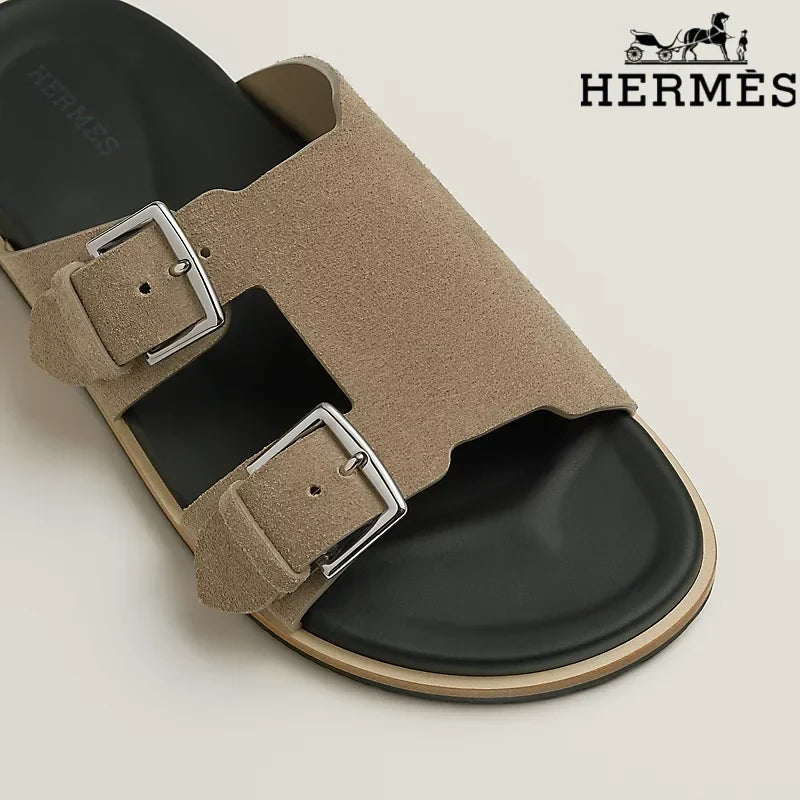 Herm¨¨s Khaki Suede Double Buckle Slide Sandals