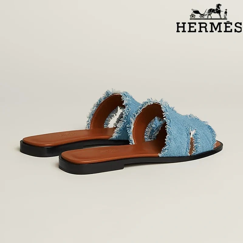 Herm¨¨s Oran Blue Denim Fringe Slide Sandals