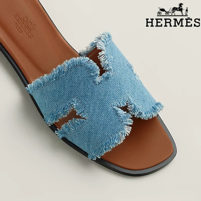 Herm¨¨s Oran Blue Denim Fringe Slide Sandals