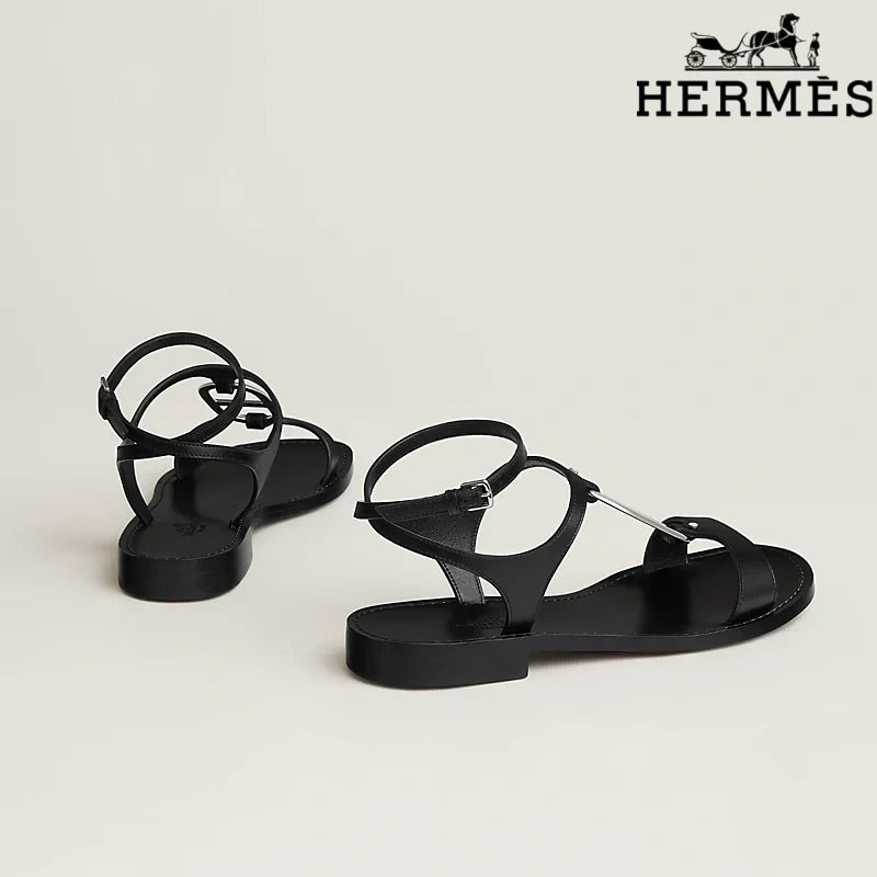 Herm¨¨s Black Calfskin Ankle Strap Flat Sandals