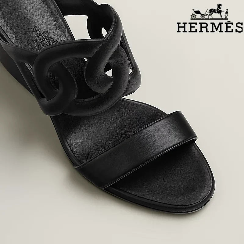 Herm¨¨s Black Calfskin Cutout Block Heel Slide Sandals