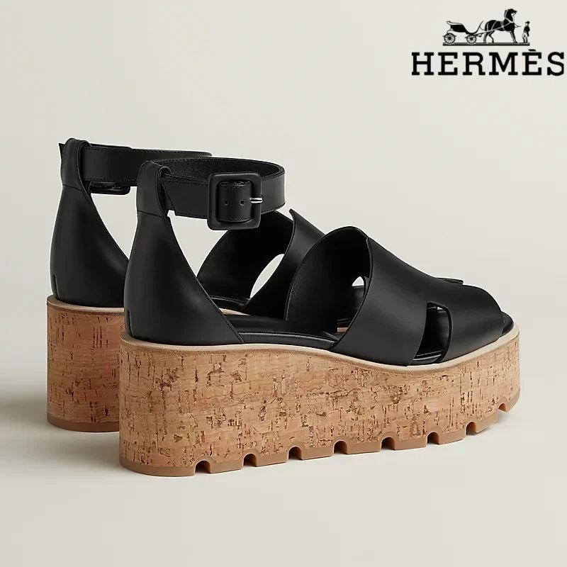 Herm¨¨s Black Calfskin H Cutout Platform Wedge Sandals
