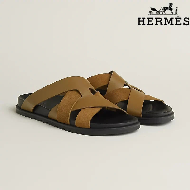 Herm¨¨s Brown Leather and Suede Cross-Strap Slide Sandals