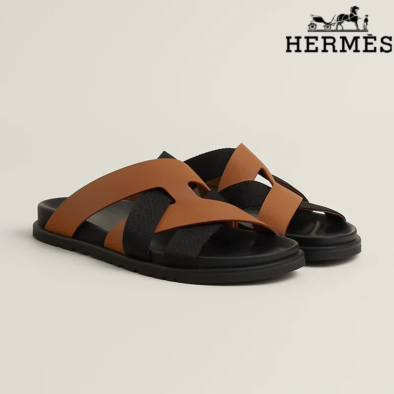 Herm¨¨s   slides Tan Leather and Black Webbing Cross-Strap Slide Sandals