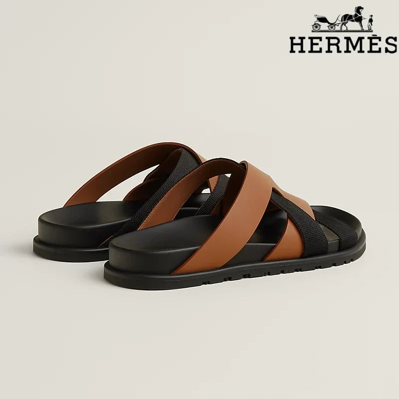 Herm¨¨s   slides Tan Leather and Black Webbing Cross-Strap Slide Sandals