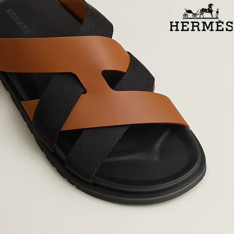 Herm¨¨s   slides Tan Leather and Black Webbing Cross-Strap Slide Sandals