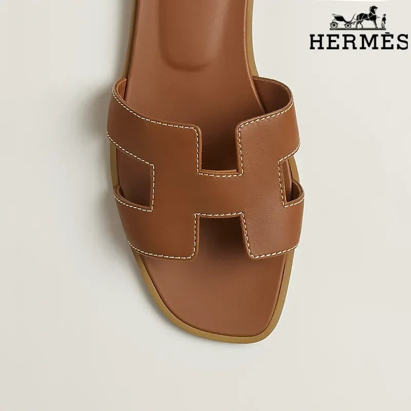 Herm¨¨s Brown Leather Oran Slide Sandals