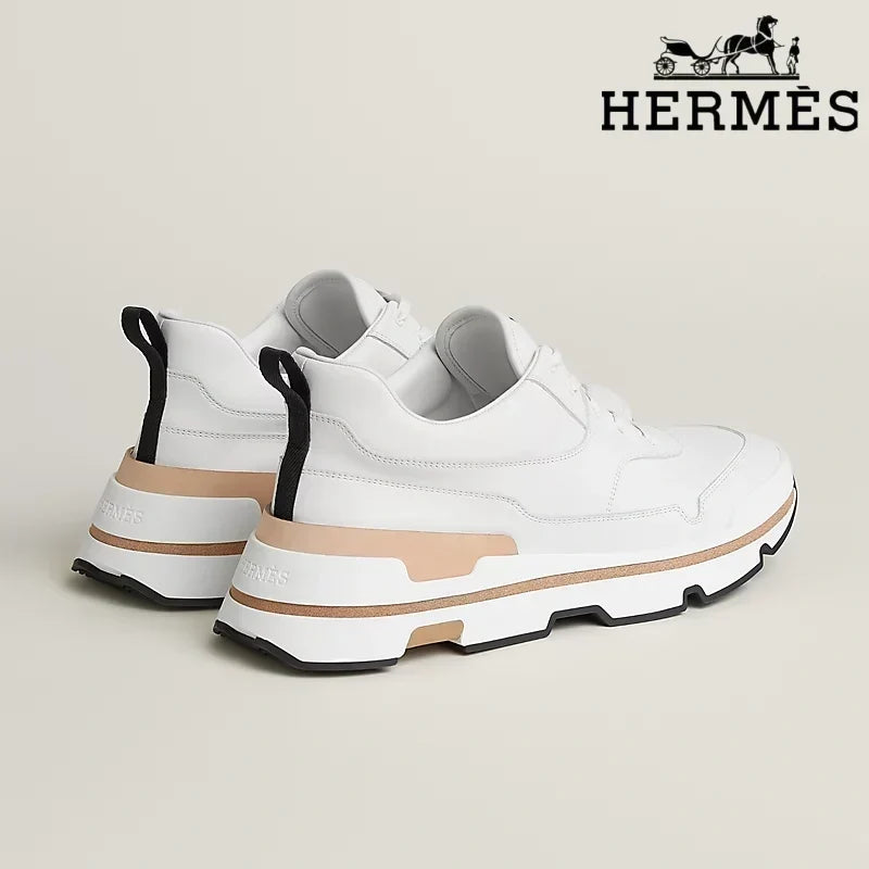 Herm¨¨s womens shoes men sneaker White Leather Platform Sneakers