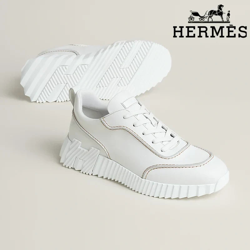 Herm¨¨s womens shoes men sneaker  White Leather Ridged Sole Sneakers