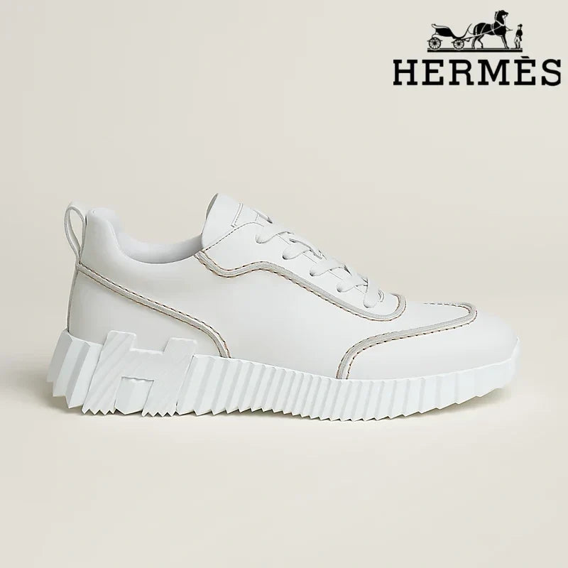 Herm¨¨s womens shoes men sneaker  White Leather Ridged Sole Sneakers