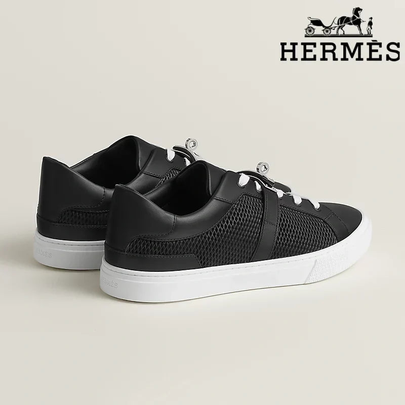 Herm¨¨s Black Leather Mesh Low Top Sneakers