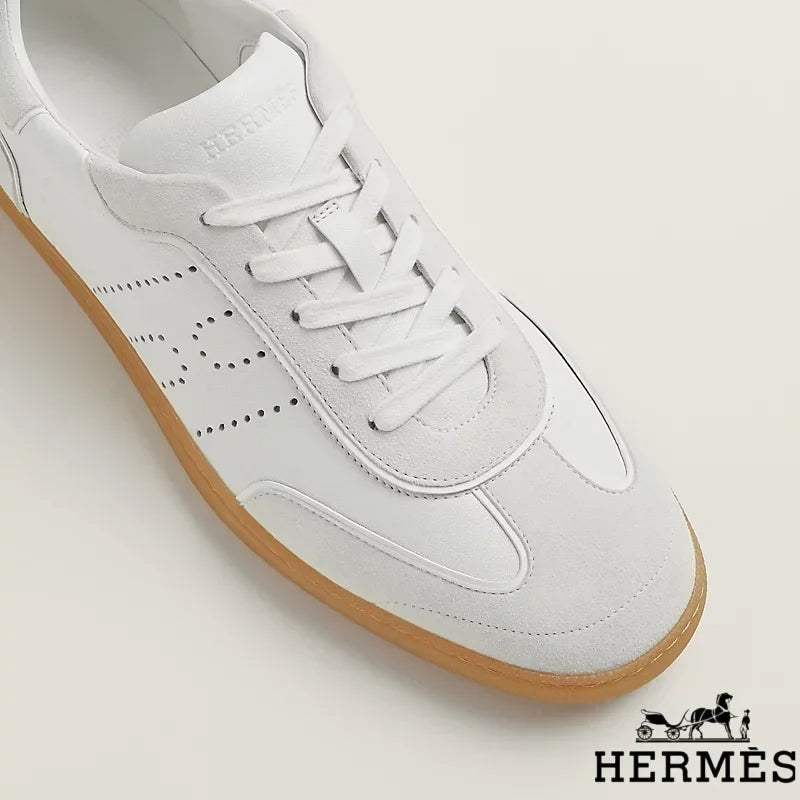 Herm¨¨s womens shoes men sneaker White Leather and Suede Low Sneakers