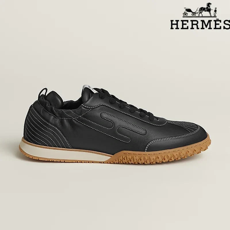 Herm¨¨s Black Leather Contrast Stitch H-Logo Sneakers