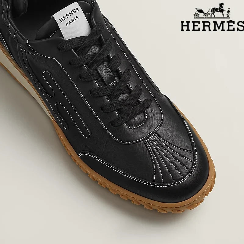 Herm¨¨s Black Leather Contrast Stitch H-Logo Sneakers