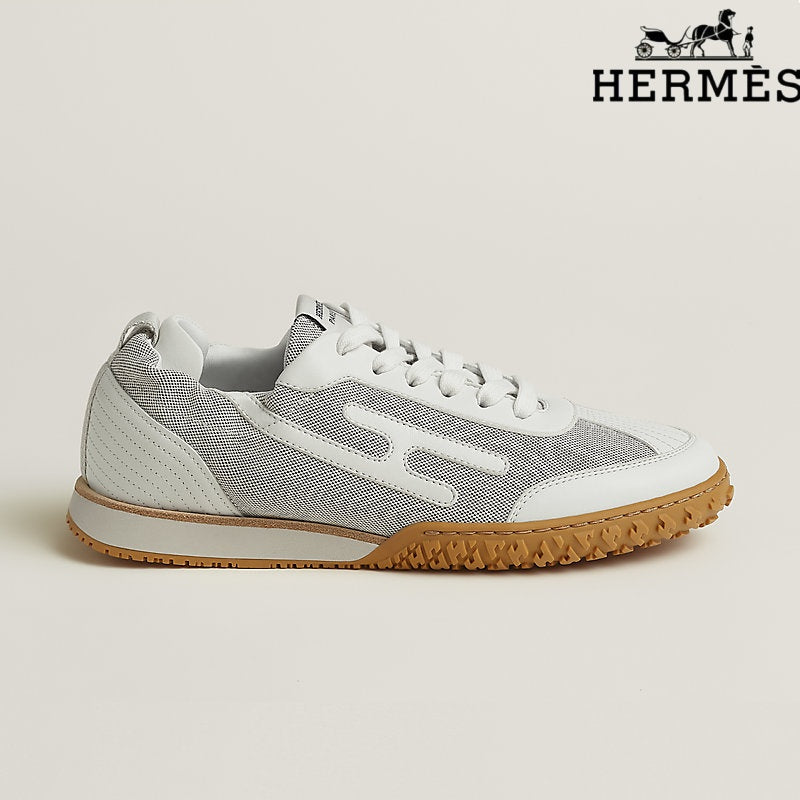 Herm¨¨s womens shoes men sneaker White Mesh and Leather Sneakers with H-Logo