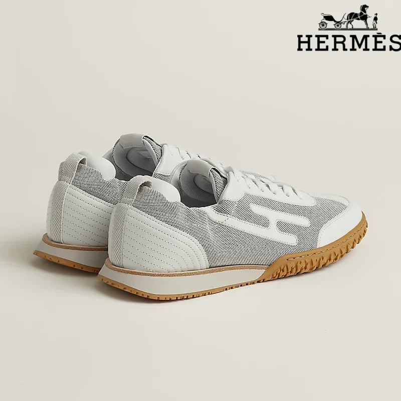Herm¨¨s womens shoes men sneaker White Mesh and Leather Sneakers with H-Logo