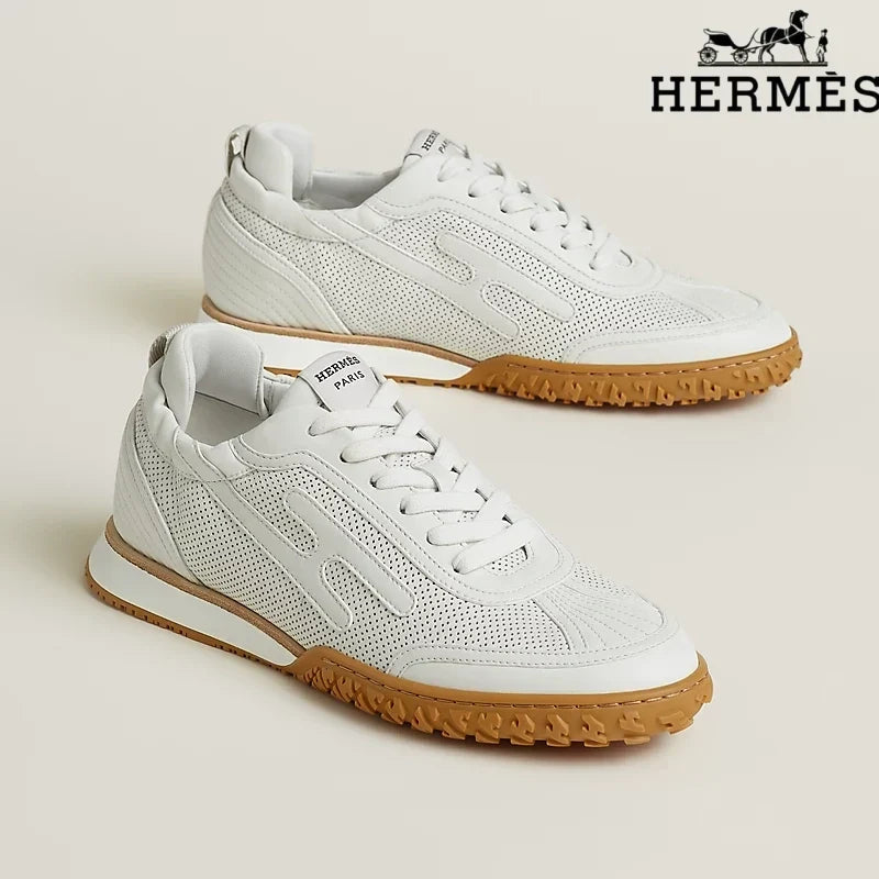 Herm¨¨s womens shoes men sneaker  White Perforated Leather Sneakers with H-Logo
