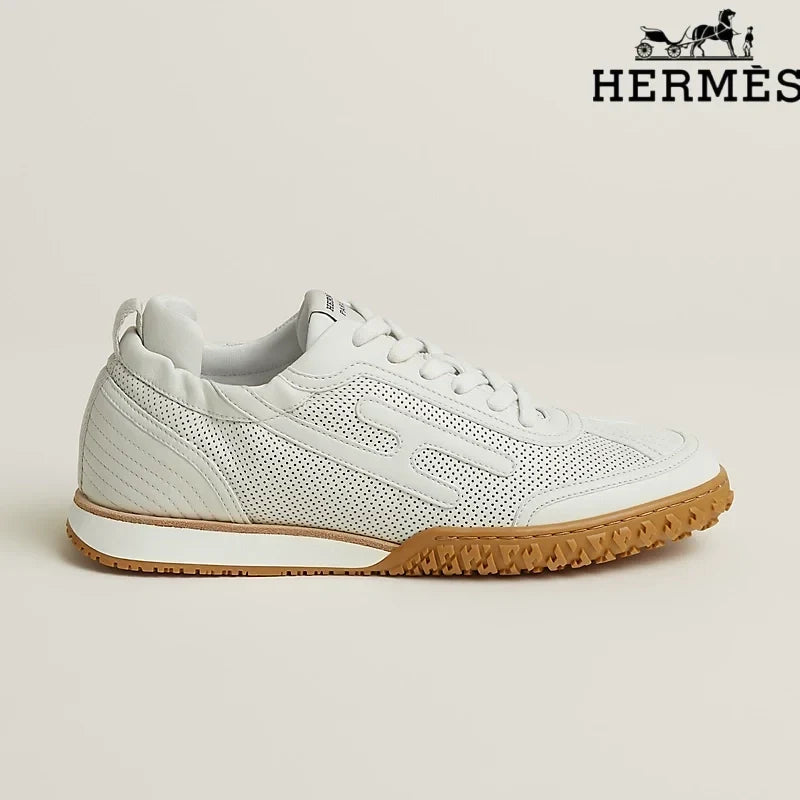 Herm¨¨s womens shoes men sneaker  White Perforated Leather Sneakers with H-Logo