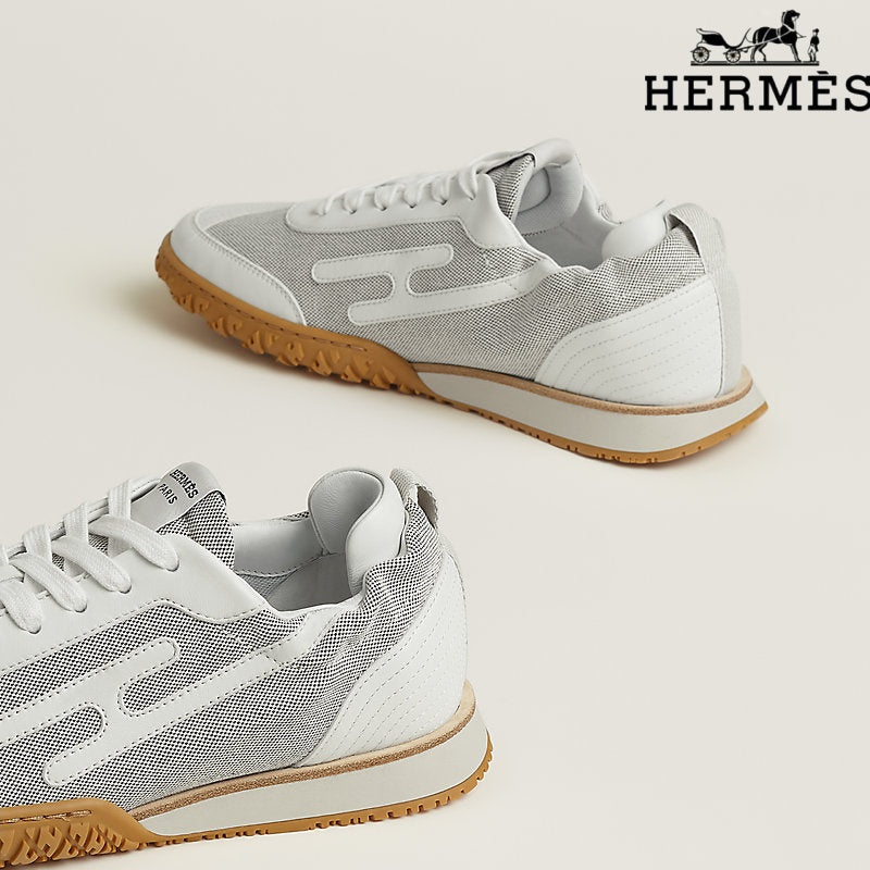 Herm¨¨s womens shoes men sneaker White Mesh and Leather H-Logo Sneakers