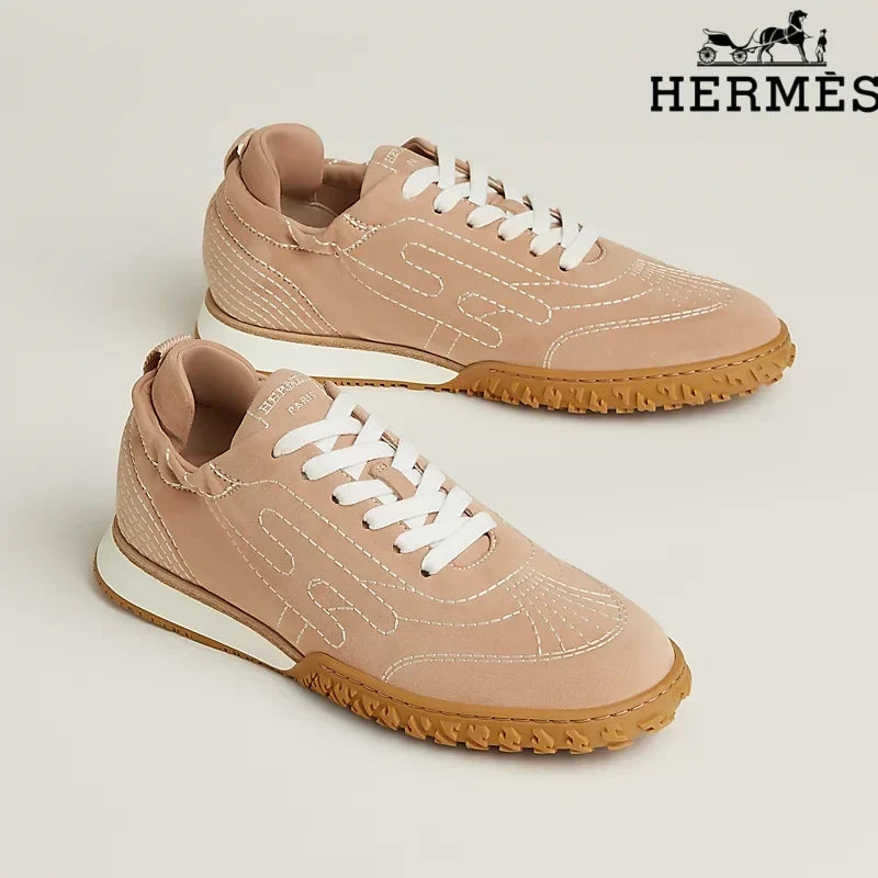 Herm¨¨s Nude Suede Contrast Stitch H-Logo Sneakers