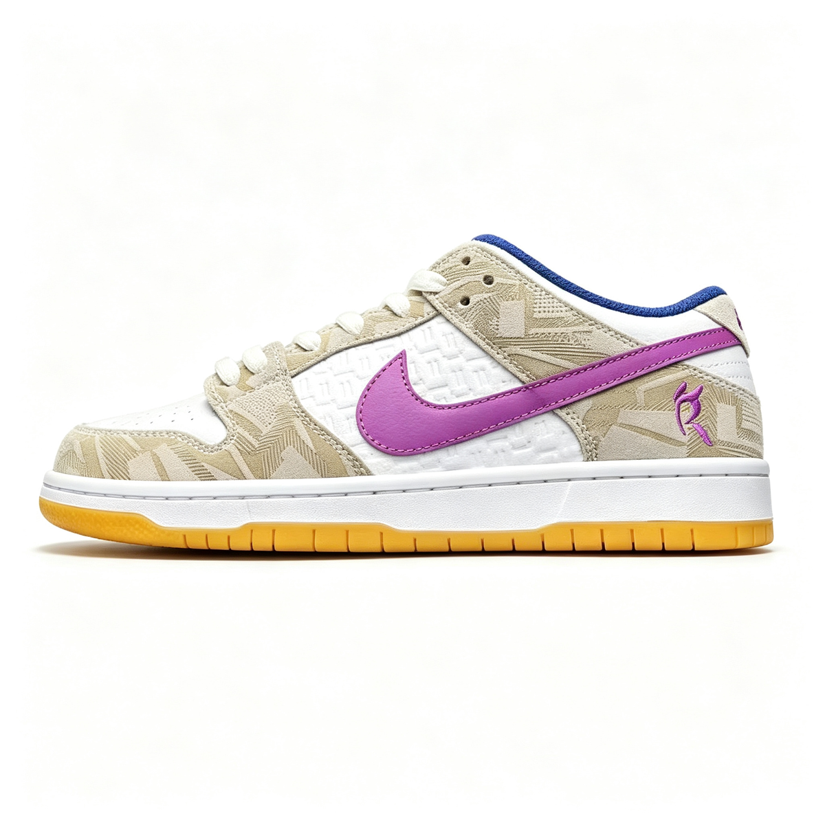 Nike Dunk Low ¨C White/Beige Geometric Print with Purple Swoosh & Gum Sole