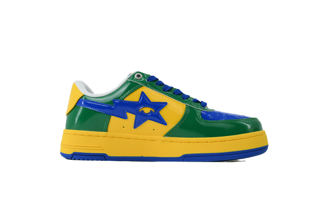 A BATHING APE BAPE STA Glossy Green, Yellow & Blue Eye-Graphic Sneakers | Women's & Men's Skate-Inspired Shoes