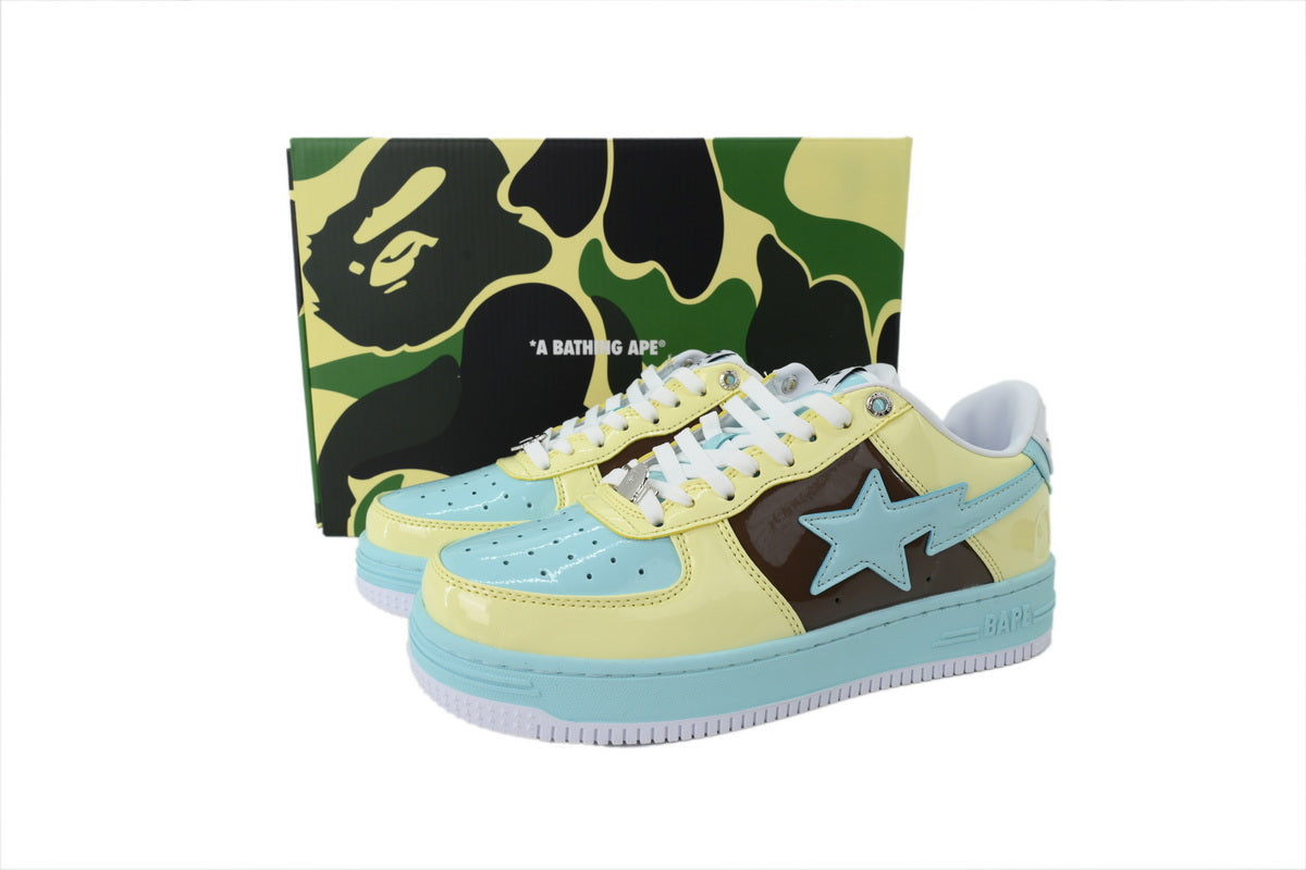 A BATHING APE BAPE STA Glossy Pastel Yellow, Aqua & Brown Sneakers | Women's & Men's Skate-Inspired Shoes