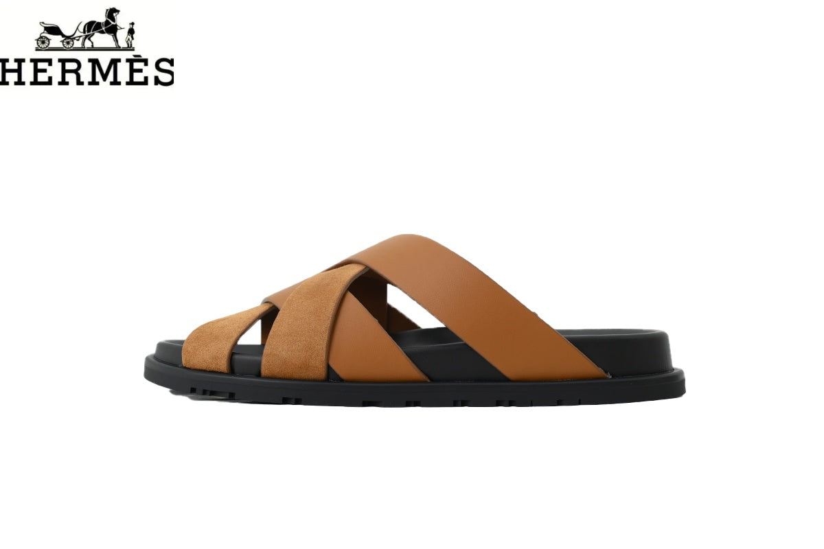 Herm¨¨s   slides  Tan Leather and Suede Cross-Strap Slide Sandal